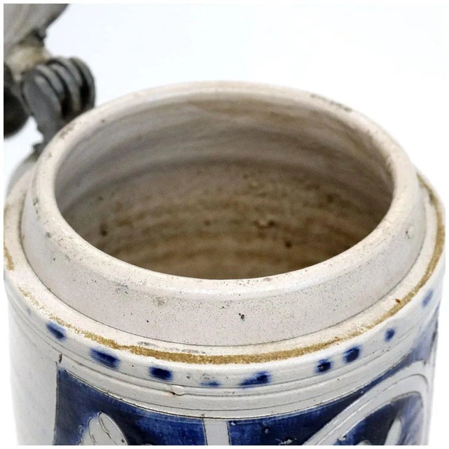 Blue German Westerwald Walzenkrug Stoneware Pewter Mounted Tankard For Sale - Image 8 of 10