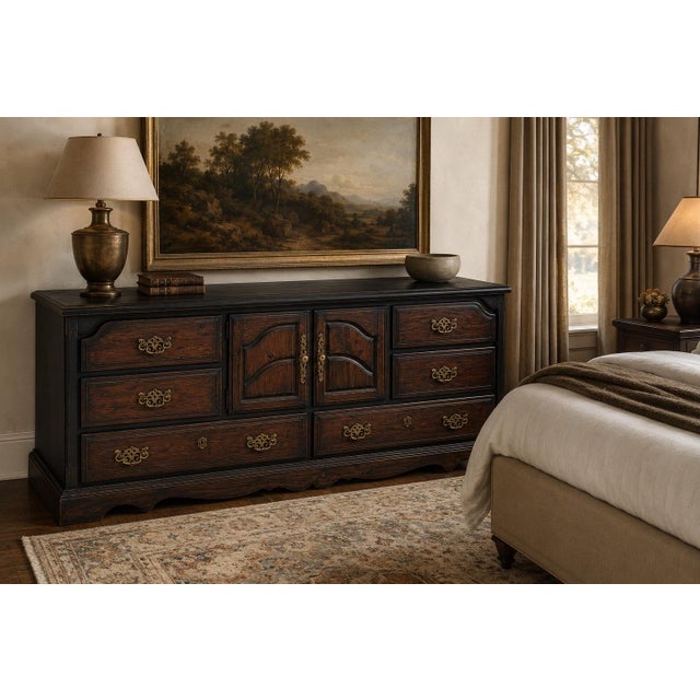Wood 1960s Monumental Mediterranean Revival Solid Pine Dresser in Onyx Black & Coffee Mahogany For Sale - Image 7 of 7
