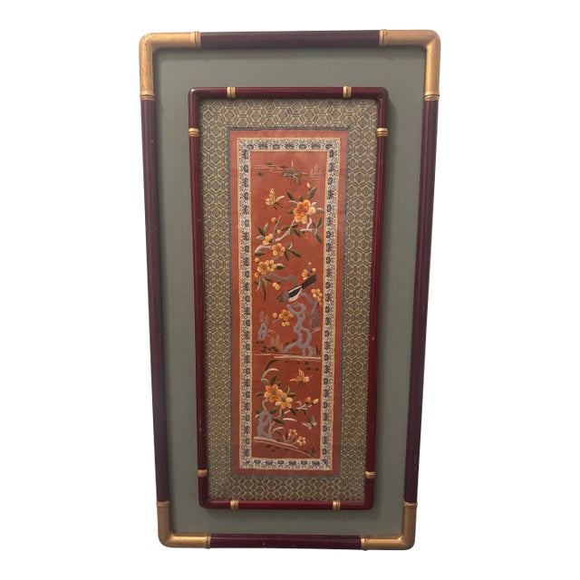 Vintage Asian Silk Embroidery With Bird & Blossoms, Framed in Bamboo-Style Frame For Sale