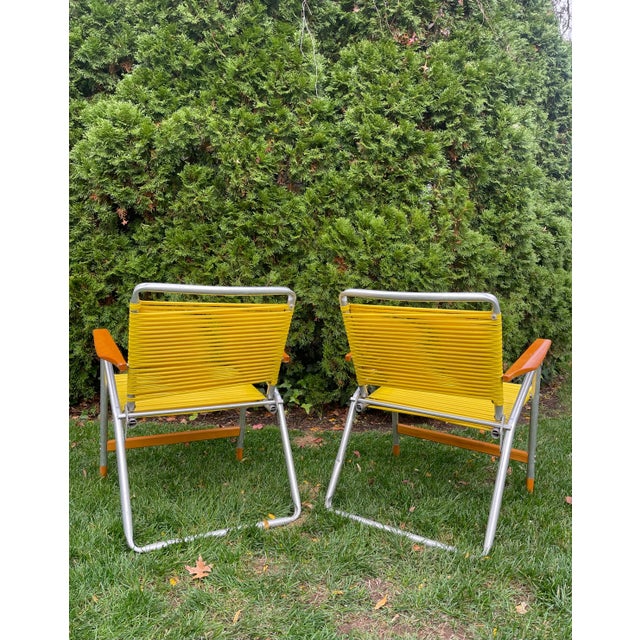 Mustard Pair of Vintage C. 1970’s Aluminum and Hardwood Folding Lawn Chairs For Sale - Image 8 of 14