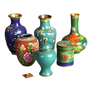 Set of Six Miniature Antique Japanese Meiji Cloisonne Enameled Flower Vases C1920 For Sale