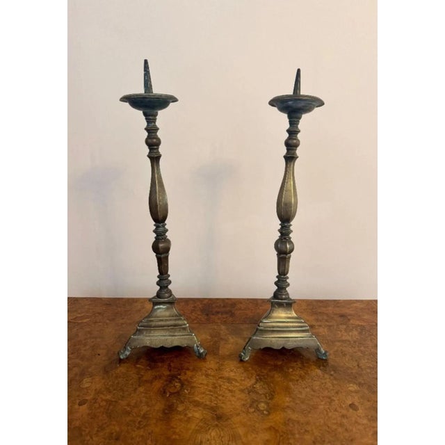 Hollywood Regency Large Antique Regency Brass Pricket Candlesticks, 1820s, Set of 2 For Sale - Image 3 of 6