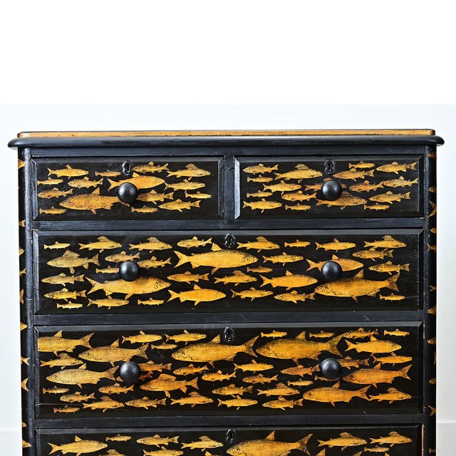 English 19th Century Pine Painted Chest with Fish Decoupage For Sale In Baton Rouge - Image 6 of 11