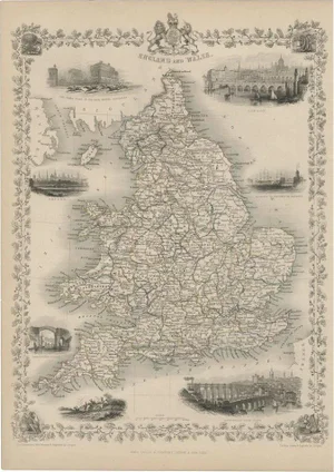 Antique Map of England and Wales with Decorative Vignettes, 1851