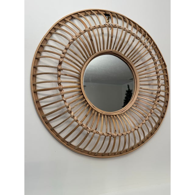Vintage Monumental Coastal Rattan Round Wall Mirror For Sale - Image 4 of 12
