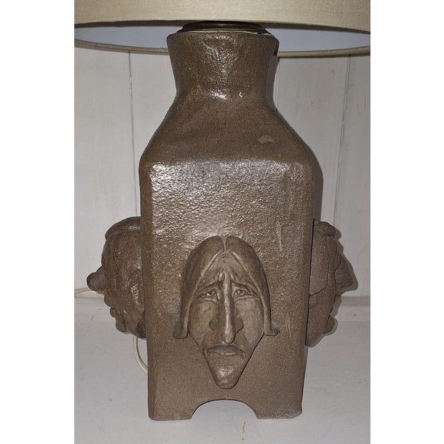 Vintage Table Lamp with Brown Ceramic Base with 4 Different Cartoon Faces and Beige Fabric Shade, 1982 For Sale - Image 10 of 15