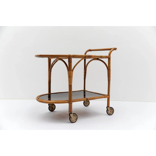 Bamboo and Rattan Bar Cart Serving Trolley, Italy, 1950s For Sale - Image 4 of 11