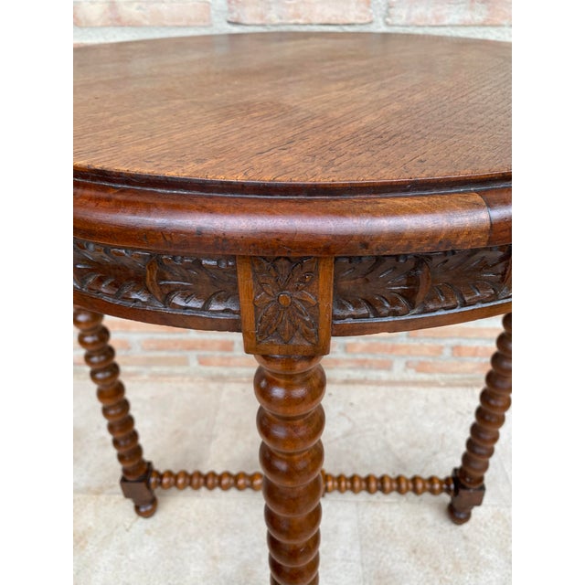 1930s Spanish Round Carved Wood Side Table With Bobbin Turned Legs For Sale - Image 6 of 10