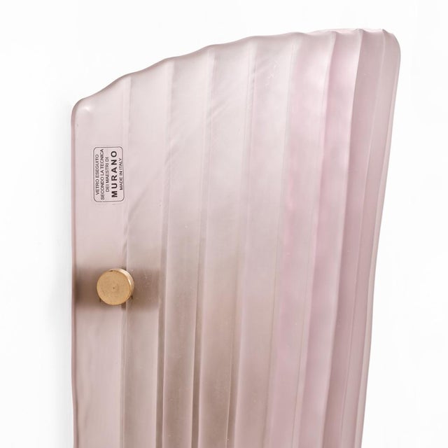 Metal Murano Glass Wall Sconces in Pink Ribbed Glass and Brass, Italy, 2000, Set of 2 For Sale - Image 7 of 11