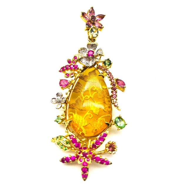 Bochic "Orient" Vintage Amber, Ruby & Emerald Brooch Set In 18K Gold & Silver For Sale - Image 4 of 18