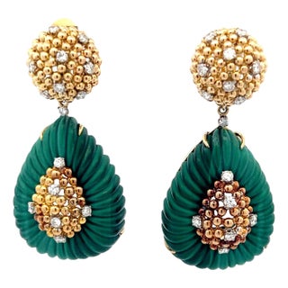 Vintage Italian 18k Gold Diamond & Carved Malachite Convertible Drop Earrings, 1970s, A Pair For Sale