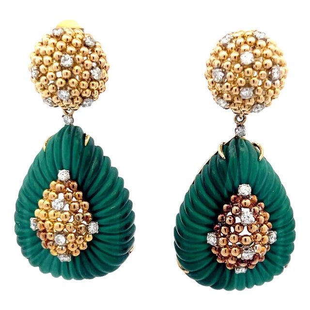 Vintage Italian 18k Gold Diamond & Carved Malachite Convertible Drop Earrings, 1970s, A Pair For Sale