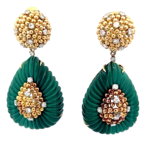 Vintage Italian 18k Gold Diamond & Carved Malachite Convertible Drop Earrings, 1970s, A Pair