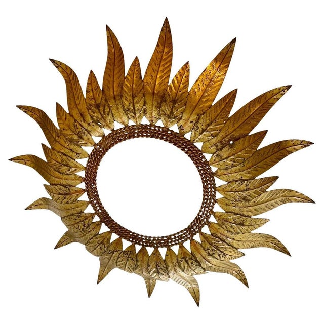 Large Spanish Sunburst Flush Mount in Gilt Metal with Support, 1950 For Sale - Image 12 of 12