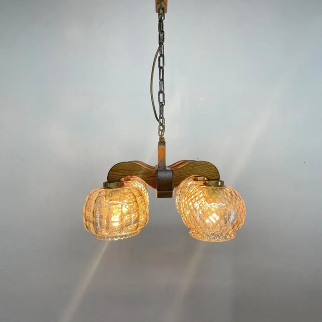 Wood Wood & Glass Ceiling Lamp, Czechoslovakia, 1970s For Sale - Image 7 of 10