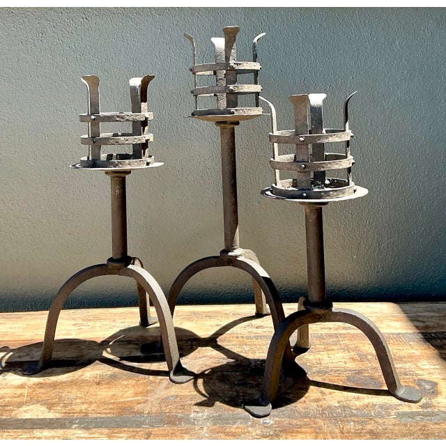 Vintage Hammered Wrought Iron Cage Candlesticks - Set of 3 For Sale - Image 9 of 12