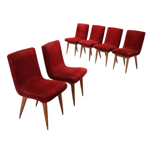 Vintage Chairs in Velvet and Wood, Italy, 1960s, Set of 6 For Sale