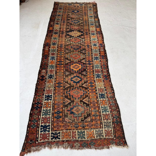 Name: EARTHY Espresso, Charcoal, Walnut & Tangerine Melon | Beautiful Tribal Pattern | Size: 3.5 x 10 Age: Antique, C....