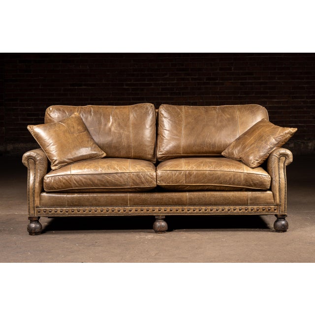 Traditional Mid 20th Century Distressed Leather Nailhead Sofa in Tan With Turned Bun Feet For Sale - Image 3 of 12