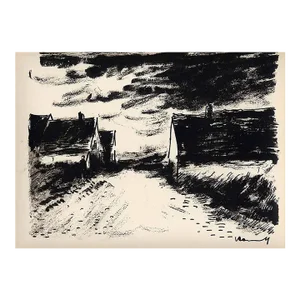 1958 Vlaminck Original Lithograph Signed Houses in Beauce