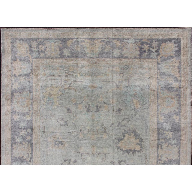Keivan Woven Arts-Fine Turkish Oushak rug with gray blue border and neutral color palette and all-over flower design, rug...