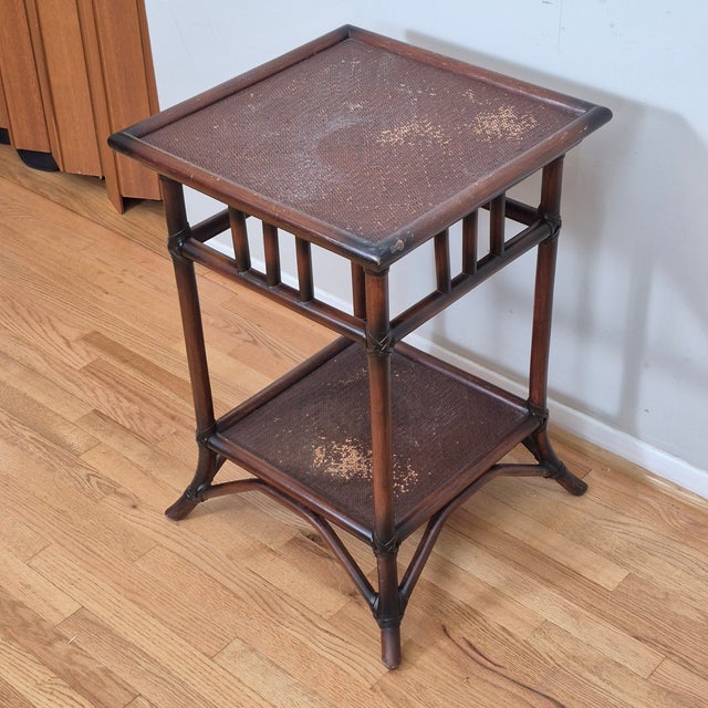 2010s British Colonial Style Rattan & Wicker Square Tiered Side Table For Sale - Image 12 of 12