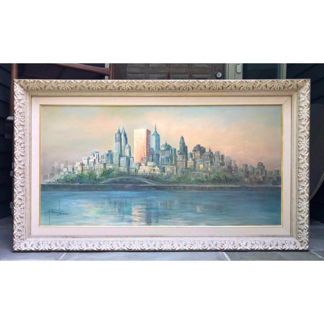 Blue Mid Century Cityscape Painting New Work City Signed Large Wall Art For Sale - Image 8 of 8