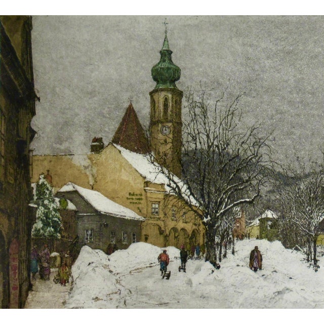 Luigi Kasimir Grinzing, Snow Scene, Austria, Large Color Etching 1940 Original Print For Sale - Image 4 of 8