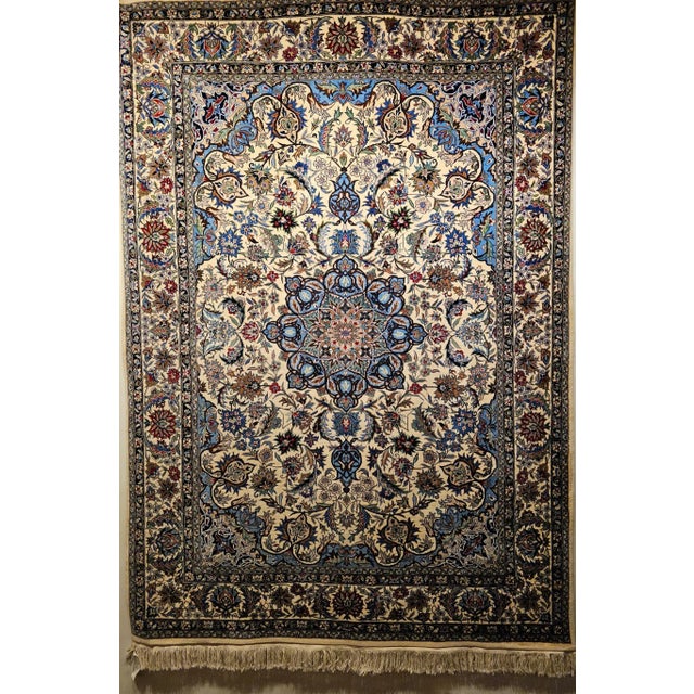 Vintage Tabriz Area Rug, Handwoven Wool, Floral Pattern, Ivory & Blue, 6’ X 8’ For Sale In Chicago - Image 6 of 12
