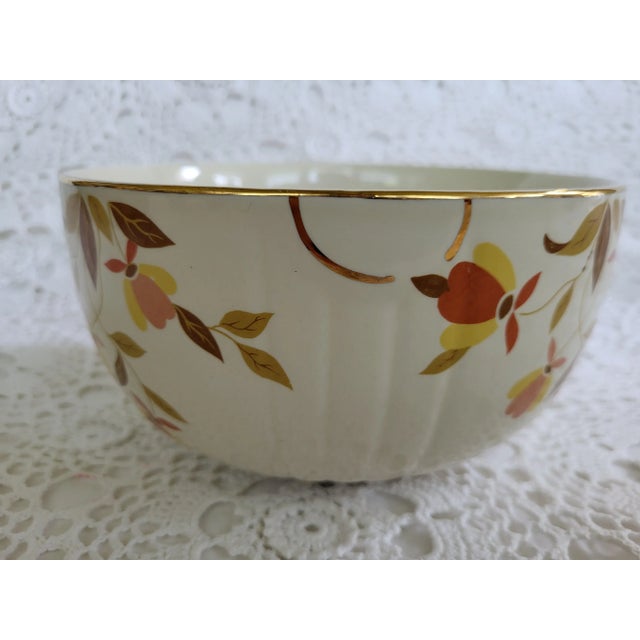 Hall's Pottery Autumn Leaf gold rimmed serving bowl, measuring 7 ½” diameter x 4” h x 3 ¾” base. Showing general vintage...