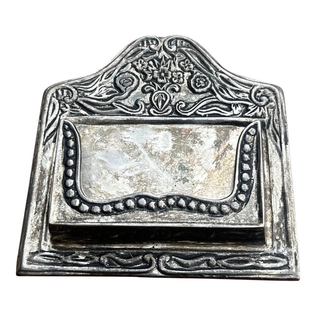 1970s Small Silver Etched Business Card Holder/Office Decor For Sale