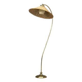 1950s V. Soini Oy, Rare Floor Lamp, Brass, Leather, Rattan For Sale