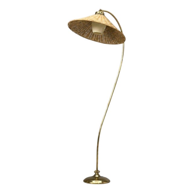 1950s V. Soini Oy, Rare Floor Lamp, Brass, Leather, Rattan For Sale