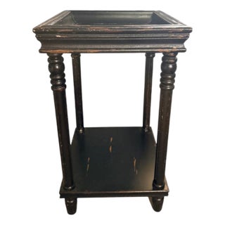 Vintage Black Distressed Wood Two-Tier Side Table With Gallery Top For Sale
