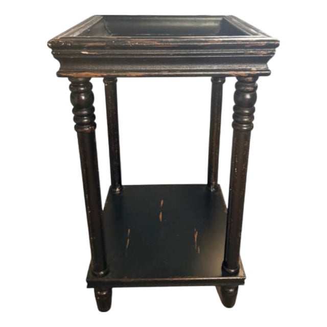 Vintage Black Distressed Wood Two-Tier Side Table With Gallery Top For Sale