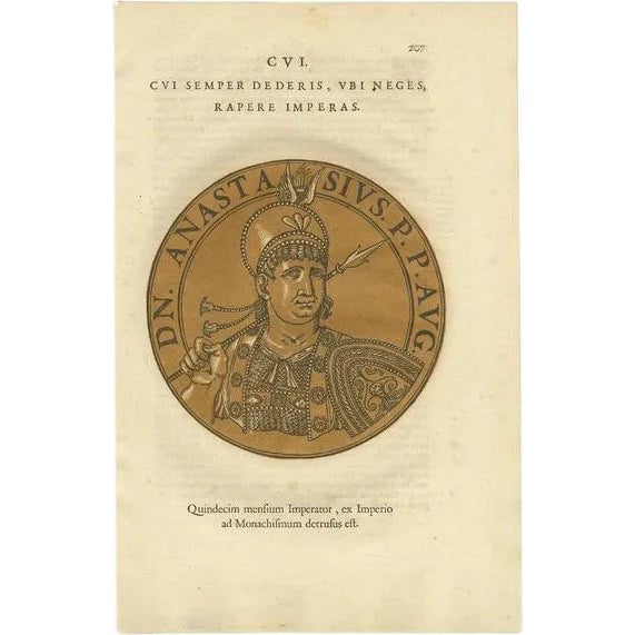 Antique Portrait of Anastasius I by Goltzius, 1645 For Sale