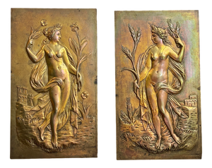 Antique Bronze Bas-Relief Plaques with Spring and Summer Motifs, France, 1880s, Set of 2