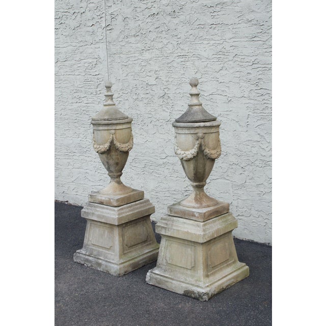 Neoclassical Late 20th Century Pair Of Neoclassical Style Cast Stone Garden Urns On Pedestals For Sale - Image 3 of 16