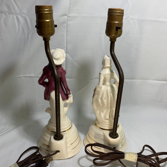 Ceramic Vintage Porcelain "Colonial Couple" or "Victorian Courting Couple" Boudoir Vanity Lamps - a Pair For Sale - Image 7 of 8