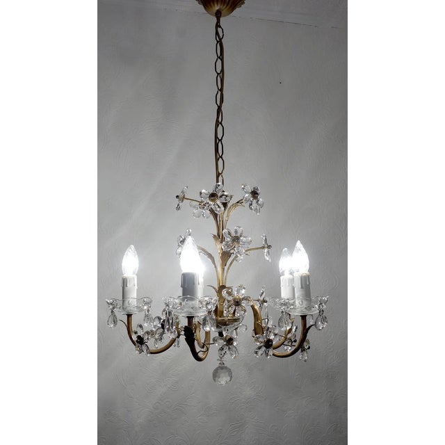 Antique Italian Gold-Plated Metal Crystal Flowers Chandelier, 1950s For Sale - Image 11 of 17