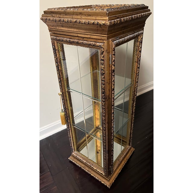 Late 20th Century Neiman Marcus Italian Antiquated Gold-Gilt Pedestal Small Curio Cabinet Vitrine Display For Sale - Image 5 of 12