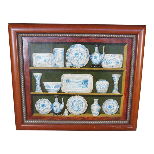 Late 20th Century Fabrice De Villeneuve Trompe l'Oeuil Bw China Cupboard Still Life Oil Painting For Sale