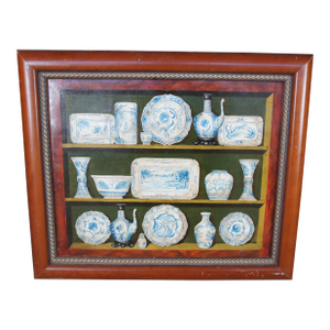 Late 20th Century Fabrice De Villeneuve Trompe l'Oeuil Bw China Cupboard Still Life Oil Painting