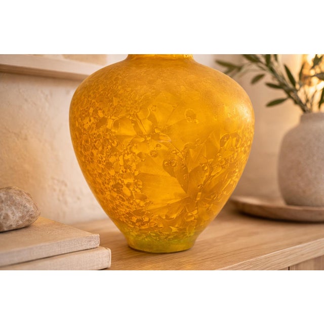 Amber Hand-Blown Amber Studio Art Glass Vase With Internal Crystalline Feathering For Sale - Image 8 of 9