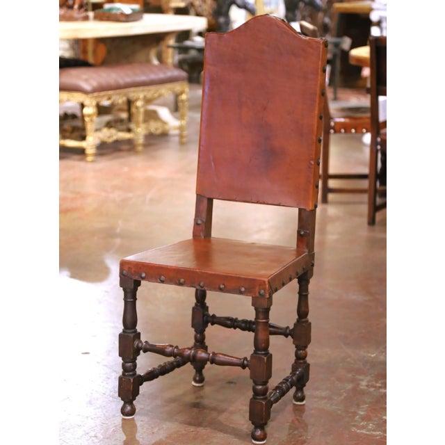 19th Century Spanish Oak Dining Chairs With Leather, Set of 8 For Sale - Image 4 of 14