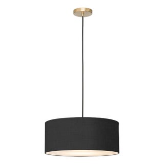 Stretch Pendant, Black Linen Shade, Weathered Brass For Sale