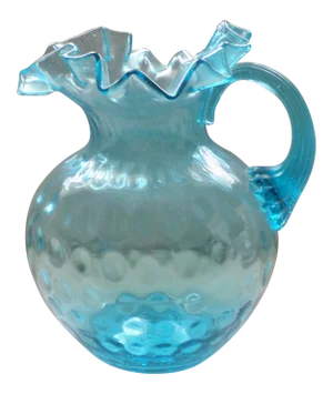 Antique Northwood Hand Blown Blue Coin Dot Pitcher With Blue Ribbed Handle