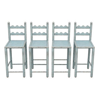 Set of 4 Country French Counter Stools With Custom Antique French Coastal Cottage Blue Finish For Sale