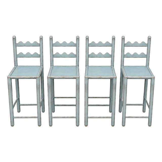 Set of 4 Country French Counter Stools With Custom Antique French Coastal Cottage Blue Finish For Sale