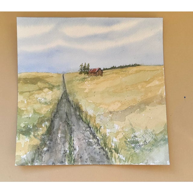 Watercolor and ink painting of a road leading to the horizon. Signed and ready to frame.